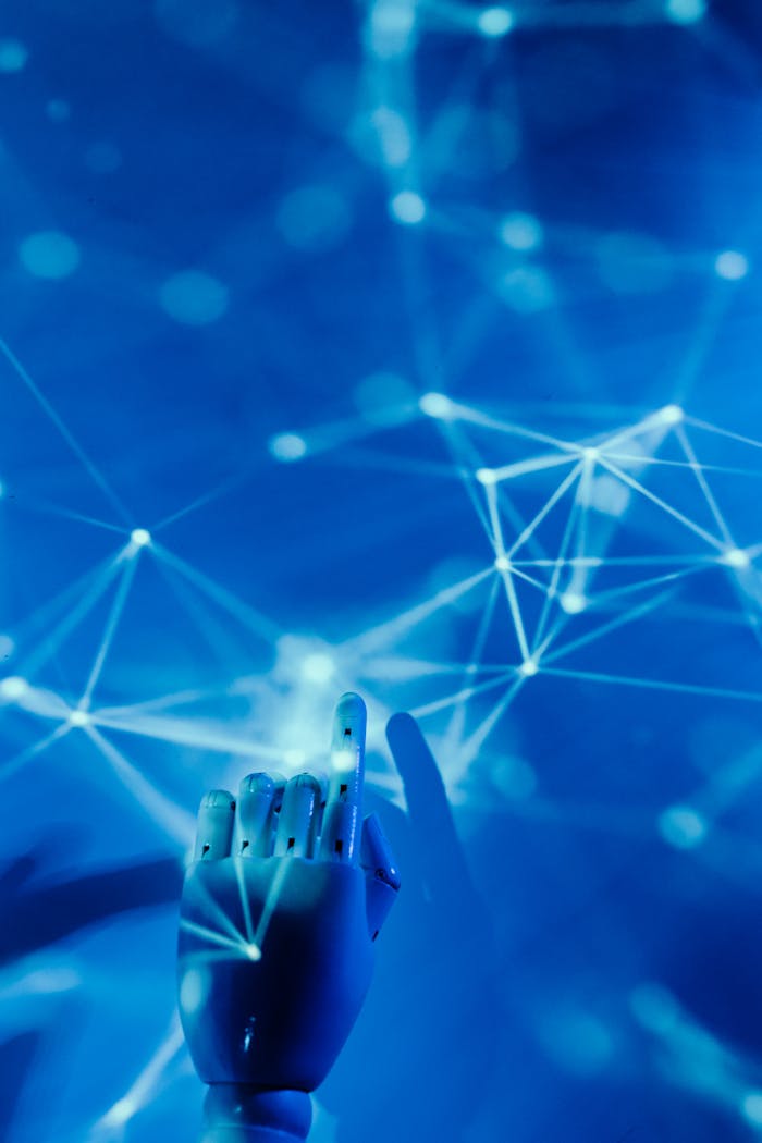 Crafting Captivating Headlines: Your awesome post title goes here Futuristic robotic hand touching a digital network on a blue background.